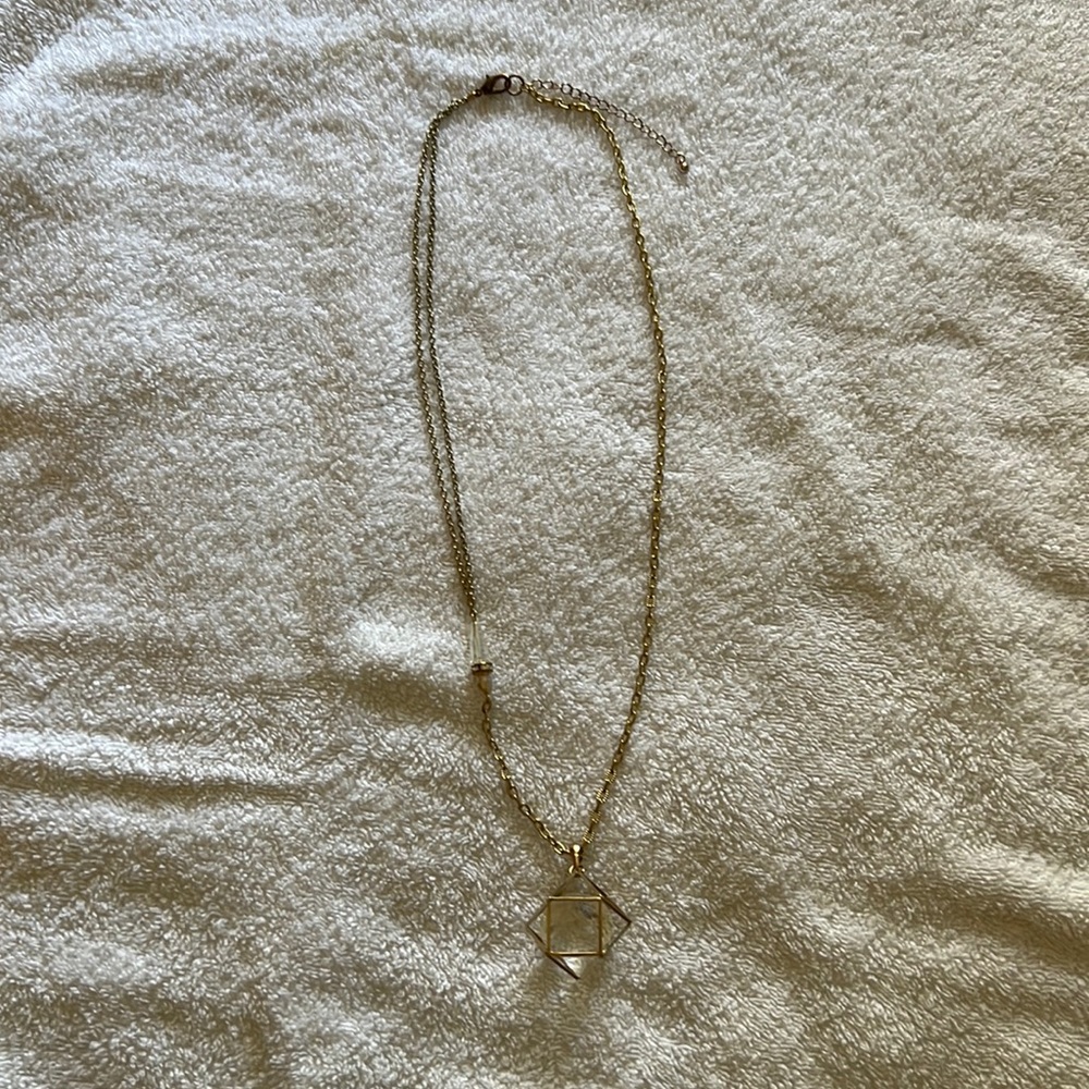 Gold tone Chain Mid-length Necklace w/ Hexagonal & Crystal Pendant